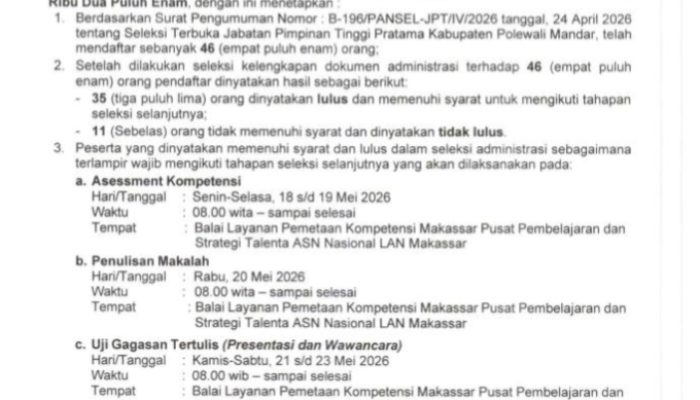 35 ASN Lolos Administrasi Seleksi JPT Pratama Polman, Assessment Digelar 18–23 Mei